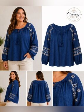 Cupio XL Blue Embroidered Eyelet Peasant Blouse Boho Top